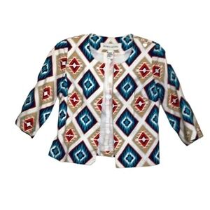 Doncaster Cotton White, Orange, Teal, Navy, Tan Tribal Open Front Jacket Size 6